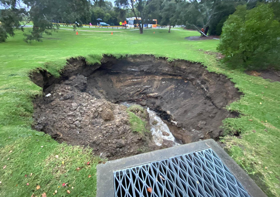 A sinkhole is pictured in Melbourne's suburb of Kew.