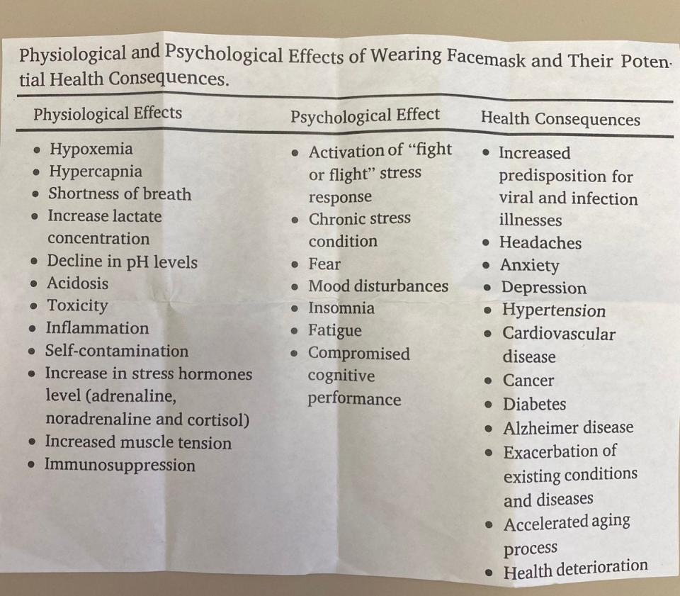 A photo tweeted by journalist Samuel Braslow showed a copy of one of the flyers that were handed out to children warning of the alleged risks of mask wearingTwitter/Samuel Braslow