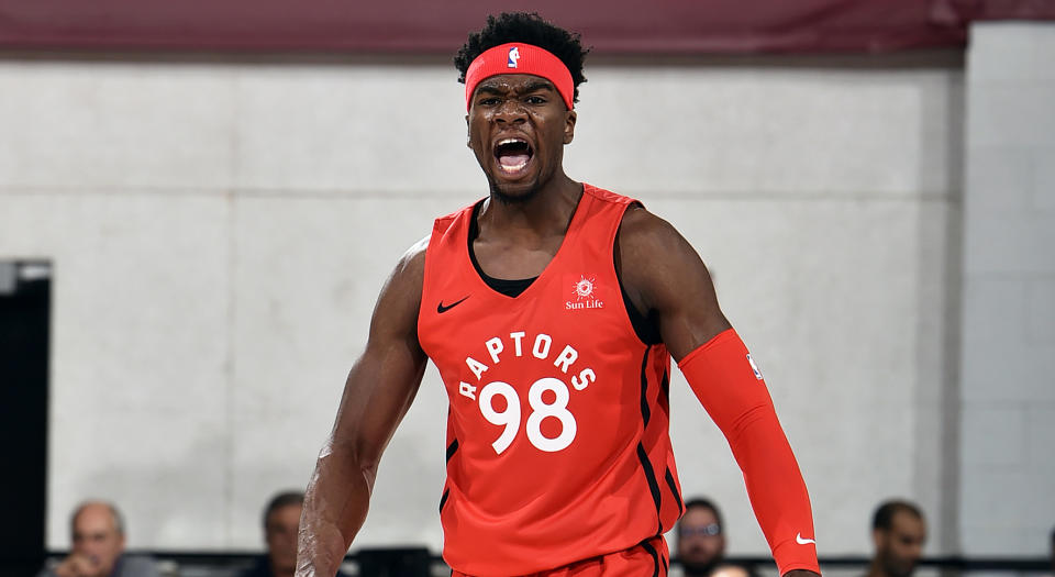 Terence Davis of the Toronto Raptors reacts to a play during the game against the Indiana Pacers during Day 7 of the 2019 Las Vegas Summer League on July 11, 2019 at the Cox Pavilion in Las Vegas, Nevada. (Photo by David Dow/NBAE via Getty Images)