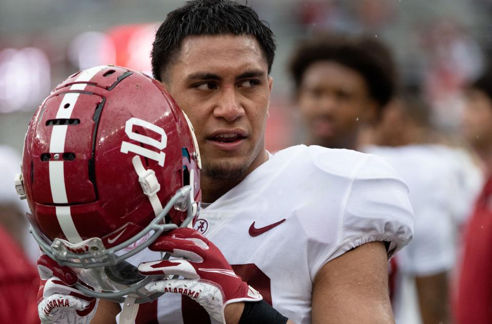 Apr 16, 2022; Tuscaloosa, Alabama, USA;  White linebacker Henry To’oTo’o (10) prepares to take the field during the A-Day game at Bryant-Denny Stadium. Mandatory Credit: Gary Cosby Jr.-USA TODAY Sports