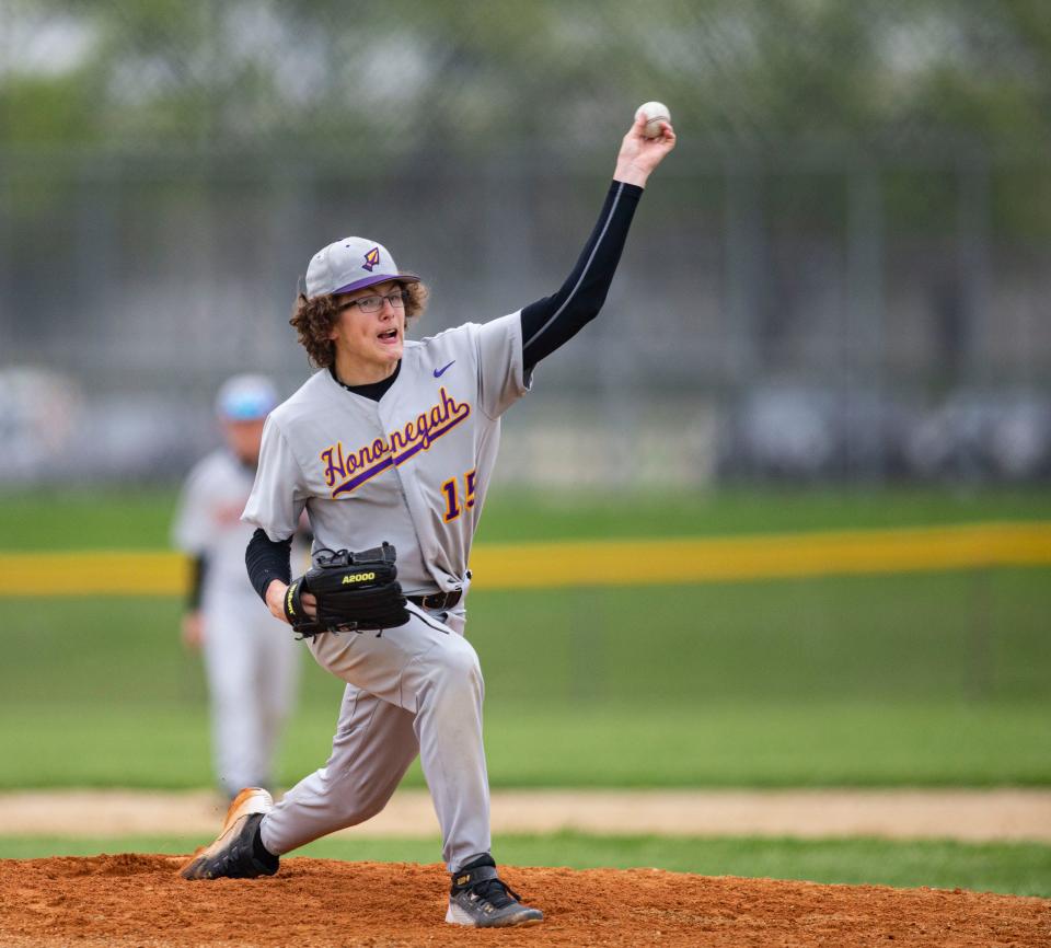 Hononegah's Maddux Hibbard pitches the ball against Jefferson on Wednesday, May 18, 2022, at Jefferson High School in Rockford.