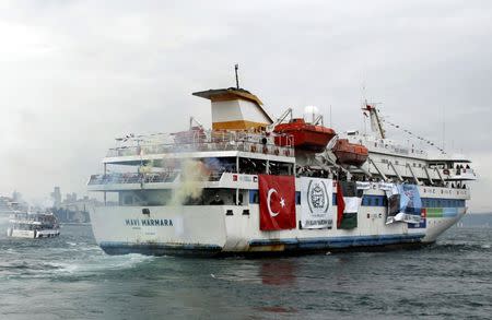 Turkish ship Mavi Marmara, carrying pro-Palestinian activists to take part of a humanitarian convoy, leaves from Sarayburnu port in Istanbul, Turkey May 22, 2010. REUTERS/Emrah Dalkaya/File Photo