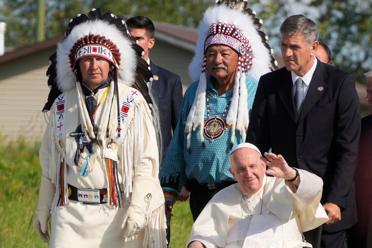 Pope Francis arrives for a pilgrimage at the Lac Saint Anne, Canada, on July 26, 2022. The Vatican on Thursday, March 30, 2023, responded to Indigenous demands and formally repudiated the “Doctrine of Discovery,” the theories backed by 15th-century “papal bulls” that legitimized the colonial-era seizure of Native lands and form the basis of some property law today.