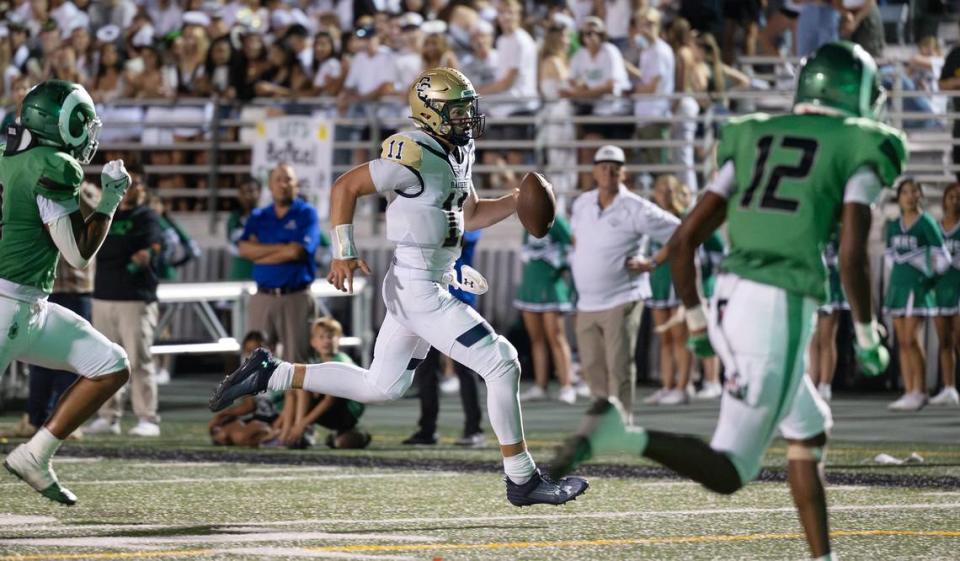 Central Catholic’s Tyler Wentworth runs in for a touchdown in the first half of the game with St. Mary’s in Stockton, Calif., Friday, August 25, 2023. St. Mary’s won the game 42-33.