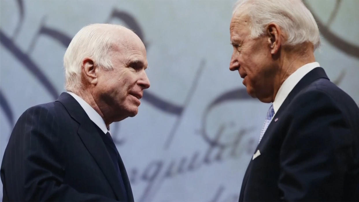 Senators John McCain and Joe Biden from a video during the virtual Democratic National Convention on August 18, 2020. (via Reuters TV)