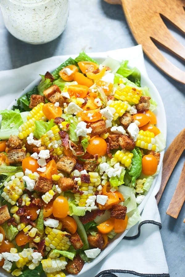 First, pile on the croutons and bacon. Then, top with a creamy buttermilk dressing to kick things up a notch. Final step: devour. Recipe: Chopped Summer Salad With Spicy Buttermilk Ranch 