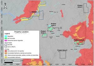 Itinga Project (Areas 1-5) and Galvani Claims location and geology map. Note the surface expression of the CBL lithium mine in the northeast corner of Project Area 1 and Sigma Lithium’s Barreiro deposit to the southeast.
