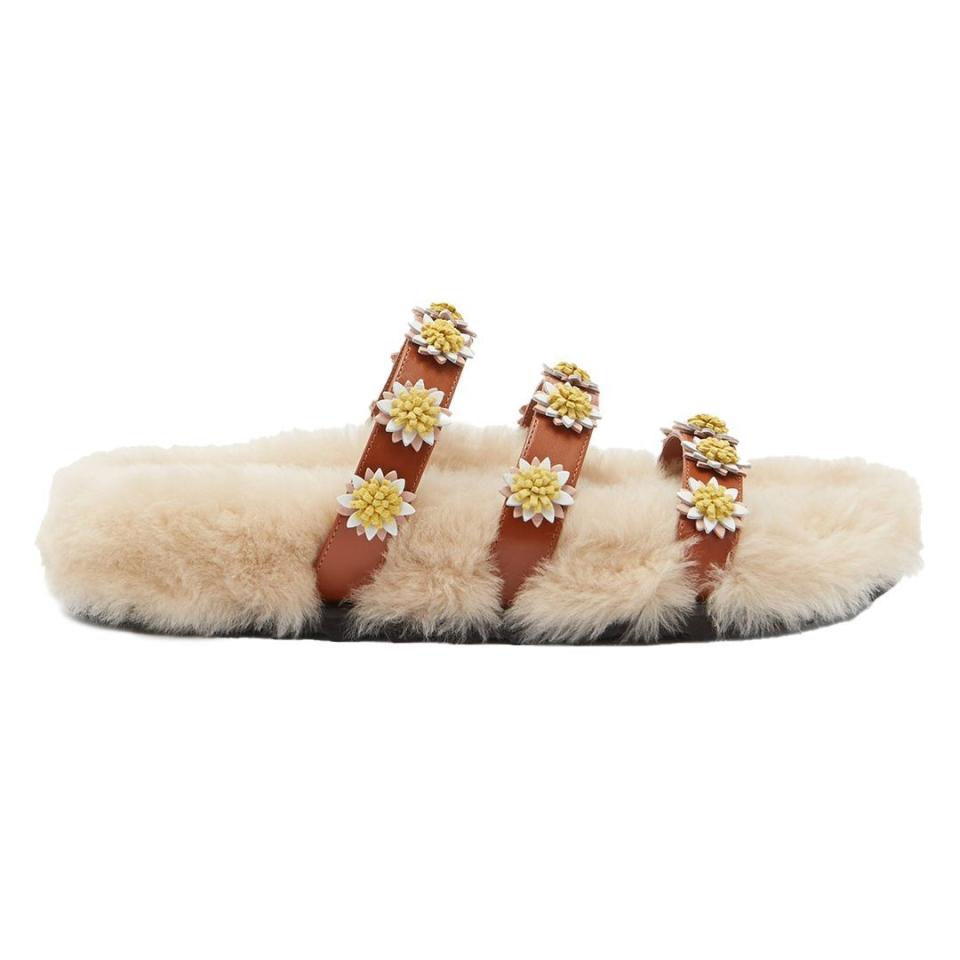 11) Berkley Daisy-Appliqué Shearling-Lined Slides