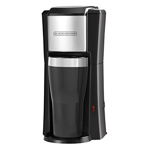 <p><strong>BLACK+DECKER</strong></p><p>amazon.com</p><p><strong>$24.99</strong></p><p>If you're short on countertop space and want to save money, the BLACK+DECKER Single-Serve Coffee Maker is a <strong>compact brewer with a modest price tag.</strong> There's no fuss with this machine since it has just one simple start button and automatically shuts off at the end of the brew cycle. We found the included 16-ounce travel mug useful as a measuring cup to fill the water reservoir. The machine will brew all of the water you add, so make sure you measure your coffee accordingly. </p><p>The included reusable filter was easy to remove and clean. And all non-electric parts are top-rack dishwasher safe, so it's extra easy to clean up after making a cup. But beware if you decide not to use a travel mug: During our testing, we noticed that when using a regular mug, hot coffee would often splatter while brewing.<br></p>