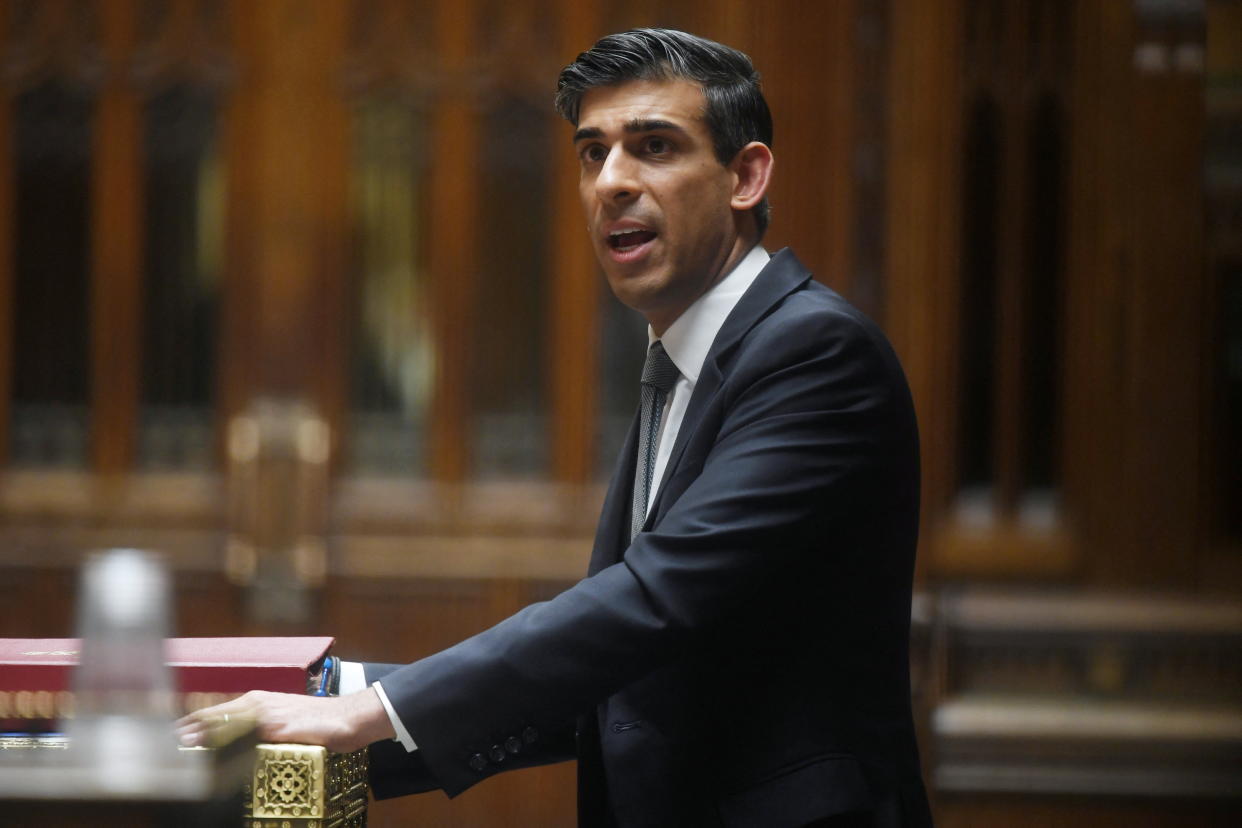 British Chancellor of the Exchequer Rishi Sunak speaks at a statement on the economic update session, at the House of Commons in London, Britain March 23, 2022. UK Parliament/Jessica Taylor/Handout via REUTERS  ATTENTION EDITORS - THIS IMAGE HAS BEEN SUPPLIED BY A THIRD PARTY. MANDATORY CREDIT. IMAGE MUST NOT BE ALTERED.