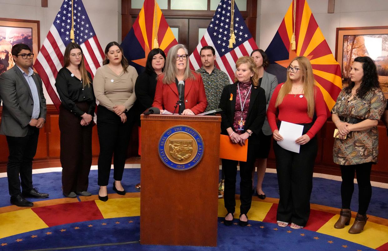 Arizona Gov. Katie Hobbs holds a news conference in Phoenix to announce the introduction of bills that will enact her version of Proposition 123, an education funding measure that expires mid-2025, on Jan. 29, 2024.