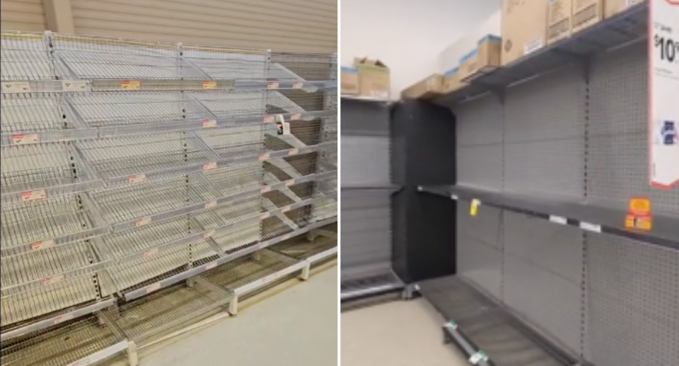 Screenshots of empty Woolworths bread and toilet paper shelves in Northern Queensland ahead of Cyclone Jasper.