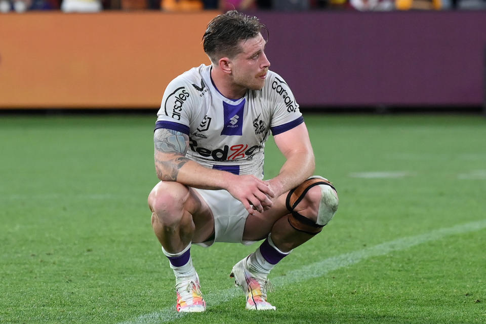 BRISBANE, AUSTRALIA - SEPTEMBER 08:  Cameron Munster of the Storm reacts after losing the NRL Qualifying Final match between the Brisbane Broncos and Melbourne Storm at Suncorp Stadium on September 08, 2023 in Brisbane, Australia. (Photo by Bradley Kanaris/Getty Images)