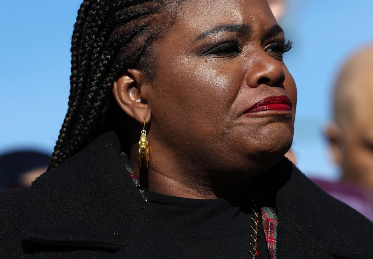 U.S. Rep. Cori Bush (D-MO) attends a press conference calling for a ceasefire in the Middle East outside of the U.S. Capitol on December 14, 2023 in Washington, DC. Bush has been brought under investigation for her campaign spending after she said she used it to hire her husband as a security detail in the face of threats as a public figure.