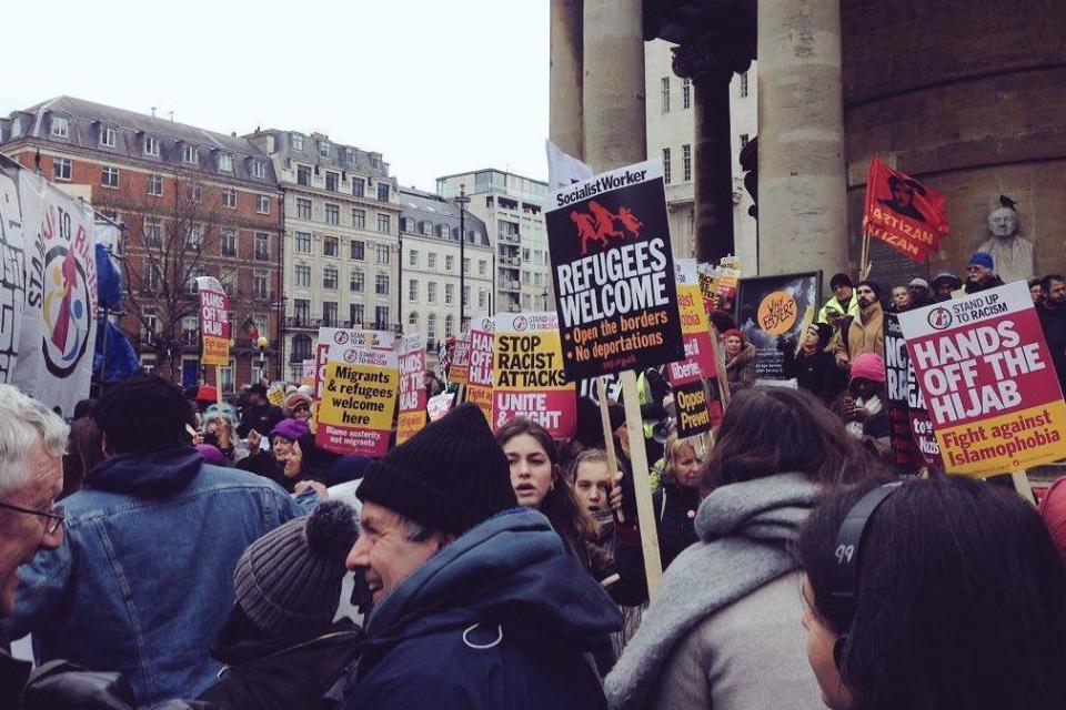 Protest: Demonstrators were led by campaign group Stand Up To Racism (Claire Gilbody/Twitter)