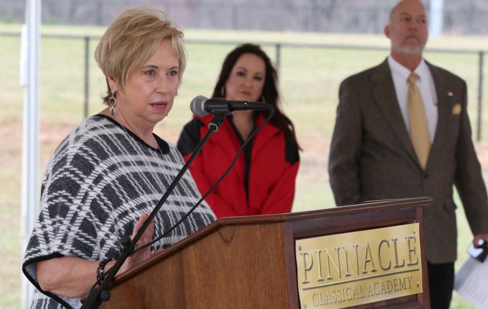 Sen. Debbie Clary talk about those involved in the project during the groundbreaking ceremony held Friday, Feb. 17, 2023, at Pinnacle Classical Academy.