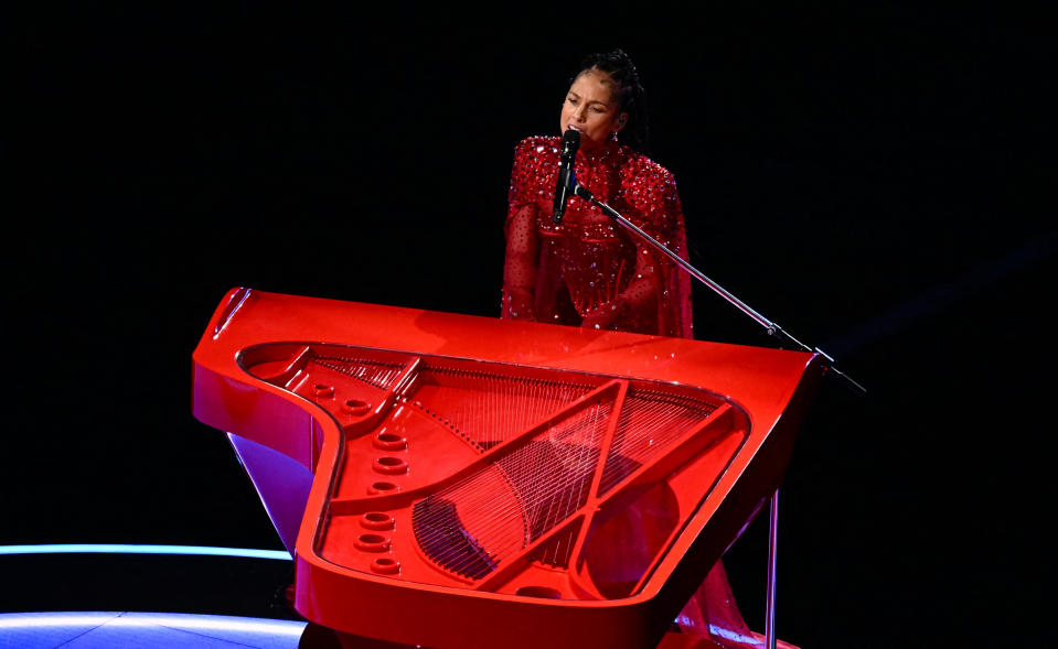<p>US singer-songwriter Alicia Keys performs during Apple Music halftime show of Super Bowl LVIII between the Kansas City Chiefs and the San Francisco 49ers at Allegiant Stadium in Las Vegas, Nevada, February 11, 2024. (Photo by Patrick T. Fallon / AFP) (Photo by PATRICK T. FALLON/AFP via Getty Images)</p> 