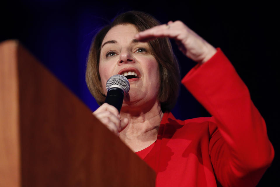 Democratic presidential candidate Sen. Amy Klobuchar, D-Minn., speaks at the Clark County Democratic Party "Kick-Off to Caucus 2020" event, Saturday, Feb. 15, 2020, in Las Vegas. (AP Photo/John Locher)