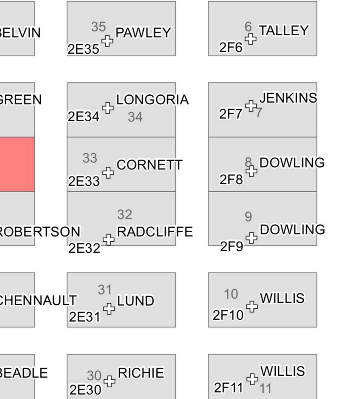 This screen shot of a map from the Fort Lewis Post Cemetery’s website shows two plots named “Dowling”. The plot labeled 2F8 contains the casket of Robert Dowling. The other, 2F9, had been reserved for his widow, Mary. It now holds another person’s remains.