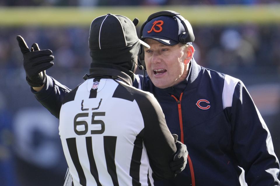 Chicago Bears head coach Matt Eberflus reacts to a call during the first half of an NFL football game against the Green Bay Packers Sunday, Dec. 4, 2022, in Chicago. (AP Photo/Nam Y. Huh)