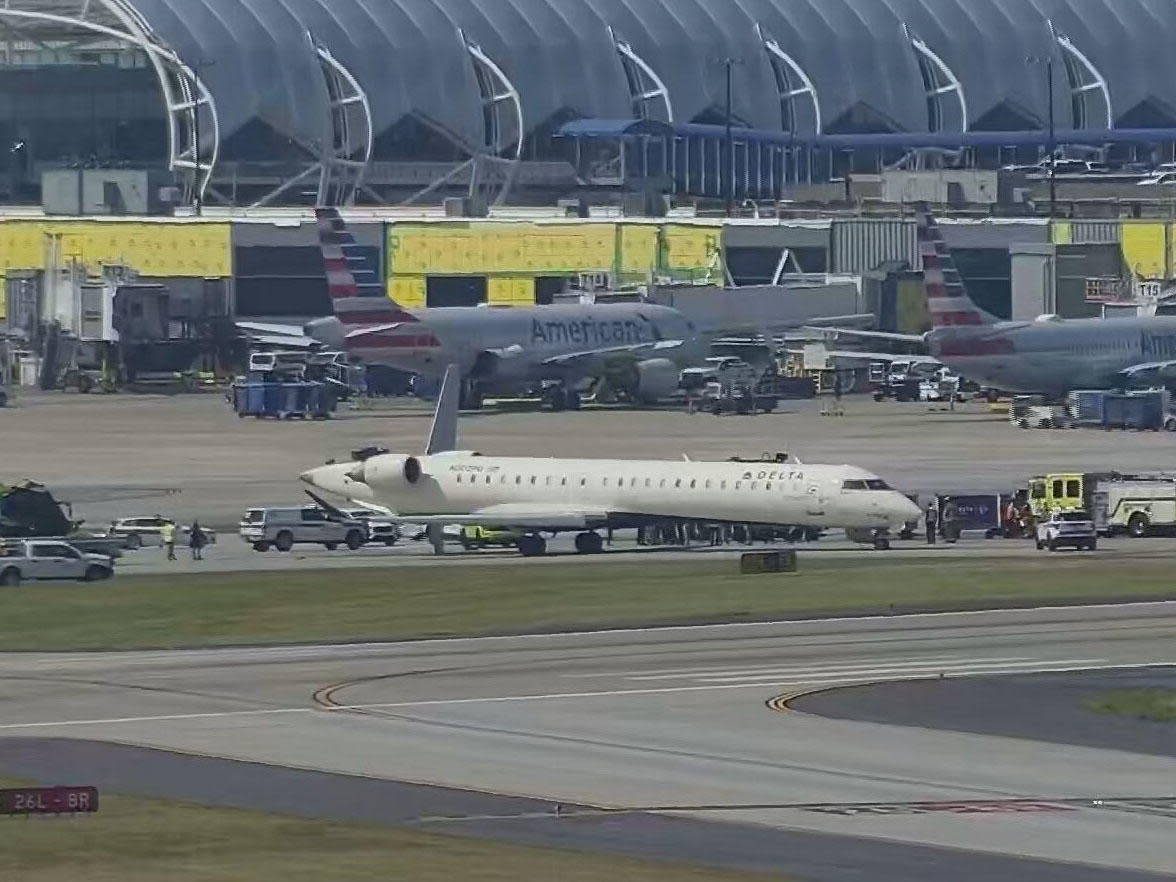 A Delta Air Lines plane is seen after a collision on the tarmac at Hartsfield-Jackson International Airport in Atlanta, Sept. 10, 2024. / Credit: WANF-TV