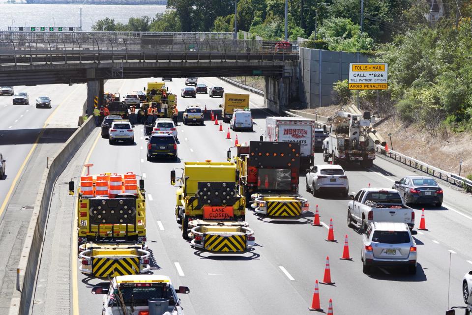 A tractor trailer accident slows traffic on the New York State Thruway in South Nyack on Thursday, August 31, 2023. The So. Broadway overpass was closed due to the truck hitting the base of the overpass.