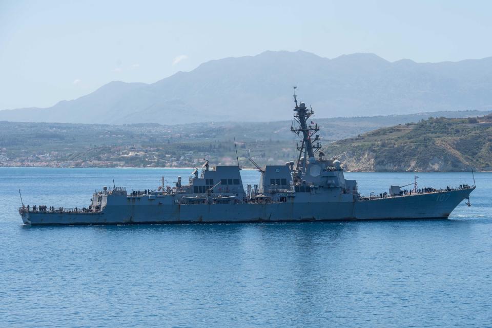 The Arleigh Burke-class guided-missile destroyer USS Gravely arrives in Souda Bay, Crete on April 28.