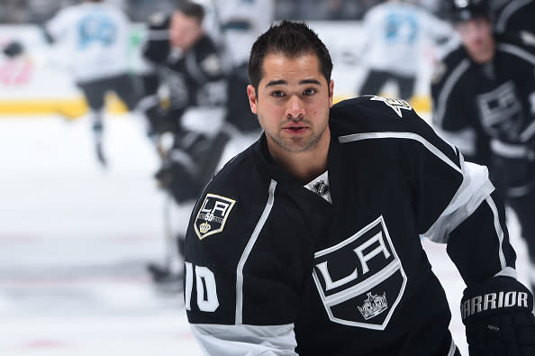 LOS ANGELES, CA - NOVEMBER 30: Devin Setoguchi #10 of the Los Angeles Kings looks on before a game against the San Jose Sharks at STAPLES Center on November 30, 2016 in Los Angeles, California. (Photo by Juan Ocampo/NHLI via Getty Images)