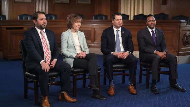 PHOTO: From left, Rep. Ruben Gallego, Sen. Tina Smith, Rep. Seth Moulton and Rep. Richie Torres, talk about mental health, during a discussion with ABC News, March 23, 2023. (ABC News)