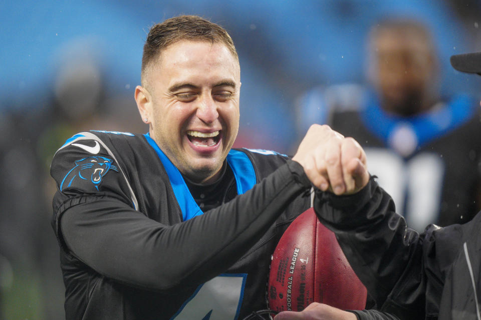 Carolina Panthers place-kicker Eddy Pineiro (4) celebrates after kicking the game winning field goal against the Atlanta Falcons during an NFL football game Sunday, Dec. 17, 2023, in Charlotte, N.C. (AP Photo/Jacob Kupferman)