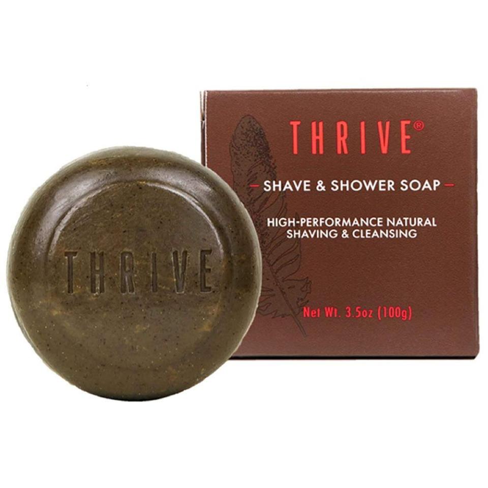 <p><strong>Thrive Natural Care</strong></p><p>amazon.com</p><p><strong>$12.95</strong></p><p><a href="https://www.amazon.com/dp/B076CRXSNY?tag=syn-yahoo-20&ascsubtag=%5Bartid%7C2089.g.34074706%5Bsrc%7Cyahoo-us" rel="nofollow noopener" target="_blank" data-ylk="slk:Shop Now;elm:context_link;itc:0;sec:content-canvas" class="link ">Shop Now</a></p><p>Thrive is an indie skincare brand for the wanderlust spirits that can't seem to stay out of the wilderness, but don't want to smell like it. This Shave & Shower Soap Bar is exactly what we’re talking about: It’s an all-natural, portable option to stow away wherever you go, so you can feel fresh and clean even by the campfire.</p>