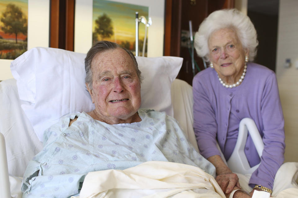 Former President George H.W. Bush and his wife Barbara pose at Houston Methodist Hospital