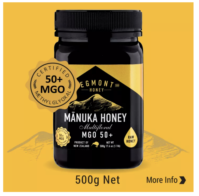 A product image of Egmont Manuka Honey MGO 50+ 500g bottle.