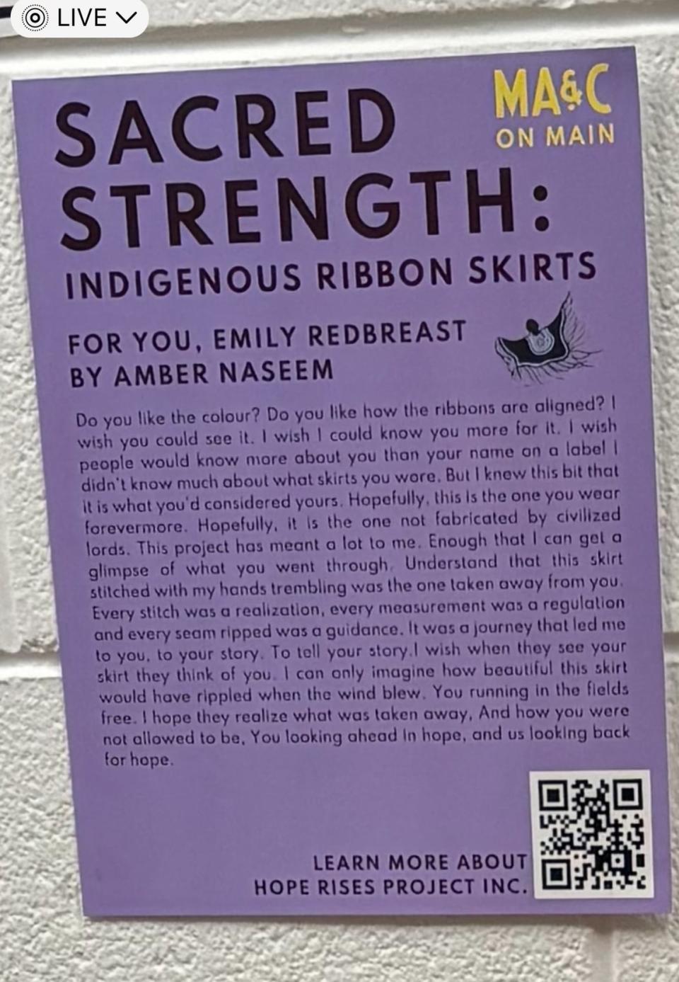 Student Amber Naseem named her ribbon skirt Emily Redbreast and dedicated a poem to the young girl who died in 1923. Naseem's story inspired an educational story for students from grades 7 through to grade 12 that will be available, along with a teacher resource guide in early 2025.