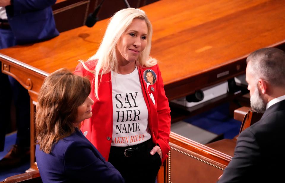 Representative 
Marjorie Taylor Greene (R-Ga.) before the State of the Union address to Congress at the U.S. Capitol in Washington March 7, 2024.