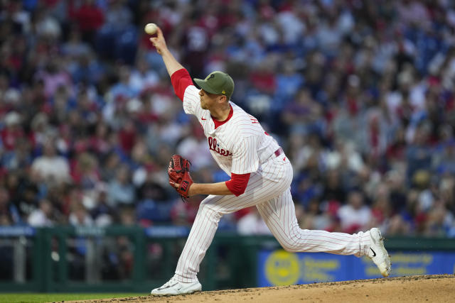 Philadelphia Phillies' Jeff Hoffman pitches during the third inning of a baseball game against the Chicago Cubs, Friday, May 19, 2023, in Philadelphia. (AP Photo/Matt Rourke)