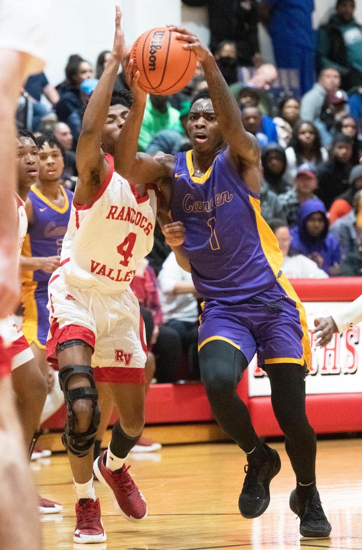 Camden's Cian Medley drives to the basket at Rancocas Valley Regional High School in Mount Holly, N.J., Dec. 15, 2022.