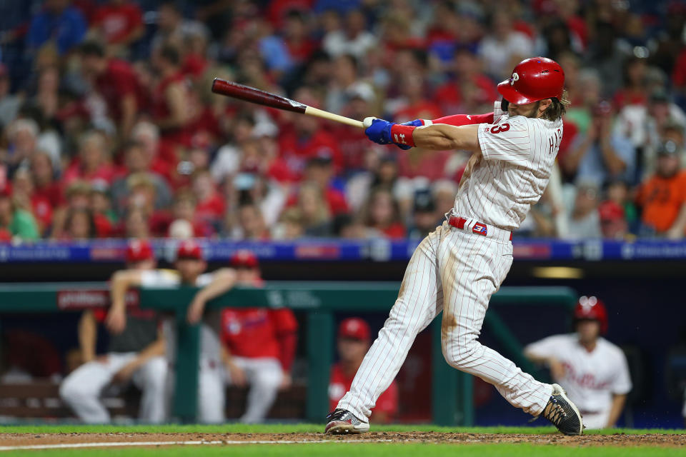 PHILADELPHIA, PA - SEPTEMBER 28: Bryce Harper #3 of the Philadelphia Phillies hits a three-run home run against the Miami Marlins during the sixth inning of a game at Citizens Bank Park on September 28, 2019 in Philadelphia, Pennsylvania. (Photo by Rich Schultz/Getty Images)