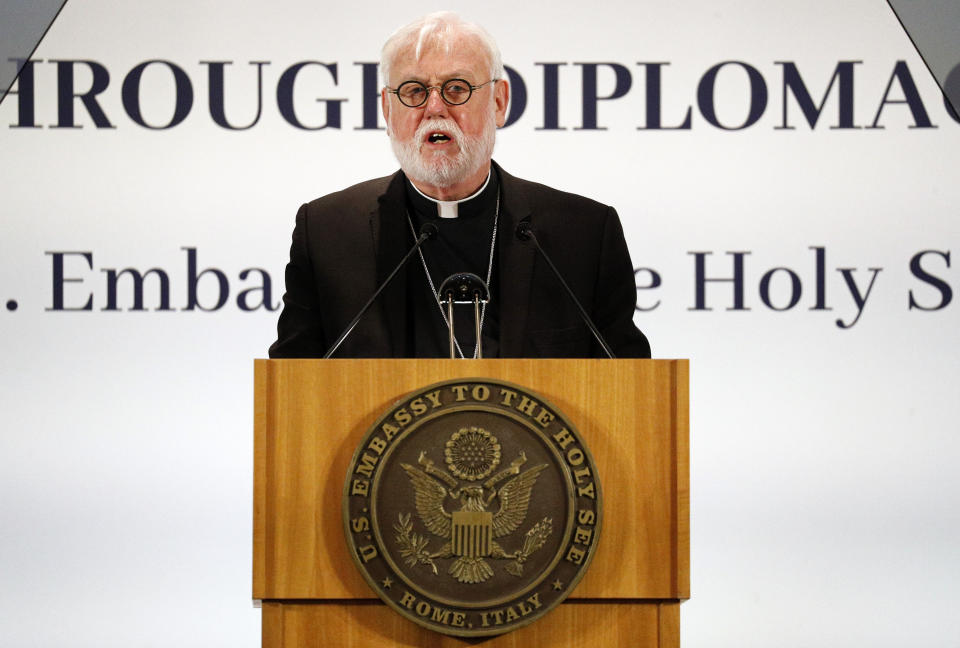 Vatican Secretary for Relations with States Archbishop Paul Gallagher delivers his speech during the "Advancing and Defending International Religious Freedom Through Diplomacy" symposium, in Rome, Wednesday, Sept. 30, 2020. (Guglielmo Mangiapane/Pool Photo via AP)