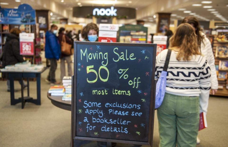 Many items were selling for 50% off during the week after Christmas at Barnes & Noble's Framingham store, which is closing this month. The bookstore chain wll reopen in the spring at a new location at the Sherwood Plaza in Natick.