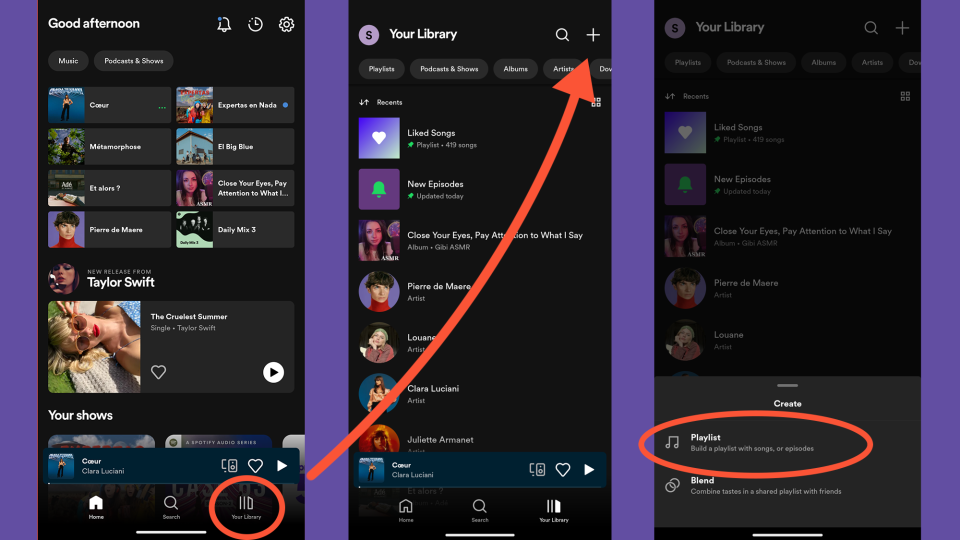 In-app menus showing the steps to create a playlist on Spotify.