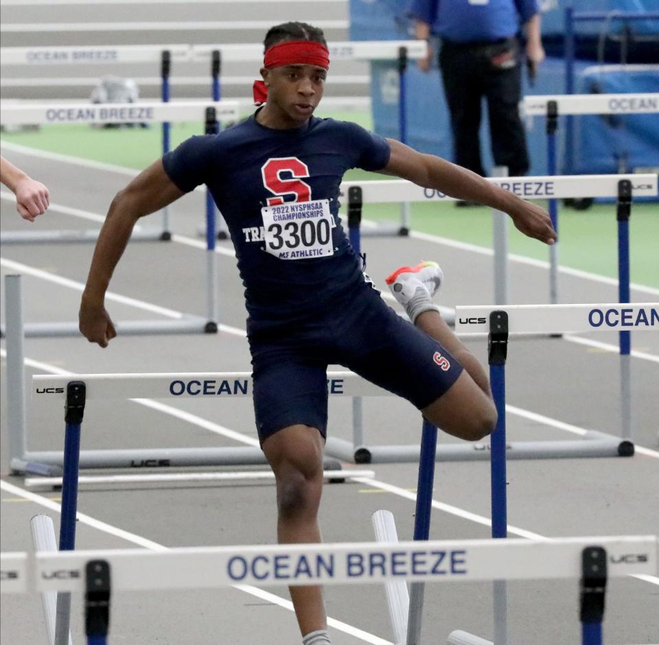 Eloha-Karmiel Yitzchak from Archbishop Stepinac competes in the boys 55 meter hurdles at the NYSPHSAA Indoor Track & Field Championships at the Ocean Breeze Athletic complex in Staten Island, March 5, 2022.