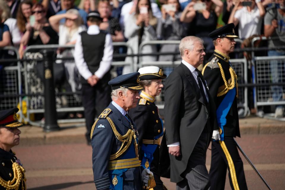 Britain's King Charles III, Princess Anne , Prince Andrew and Prince Edward follow the coffin of Queen Elizabeth II (AP)