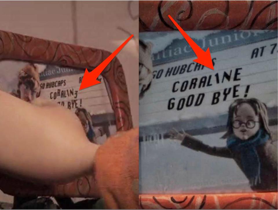 A sign that changes in two scenes of "Coraline" (2009).