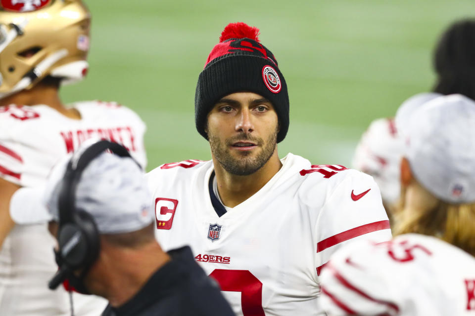 FOXBOROUGH, MASSACHUSETTS - OCTOBER 25: Jimmy Garoppolo #10 of the San Francisco 49ers smiles during the fourth quarter of a game against the New England Patriots on October 25, 2020 in Foxborough, Massachusetts. (Photo by Adam Glanzman/Getty Images)