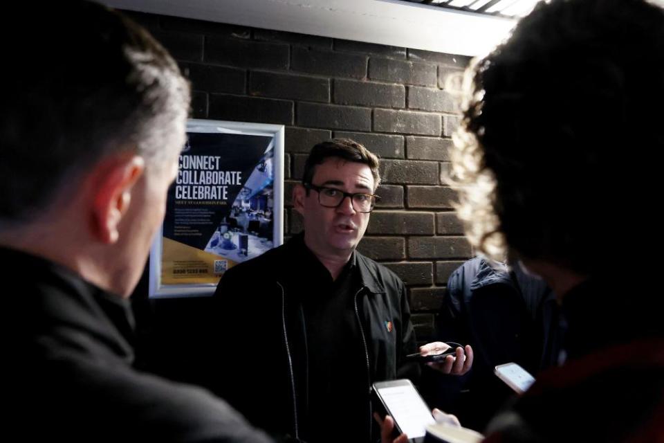 Andy Burnham speaks to journalists at Goodison Park on Sunday.