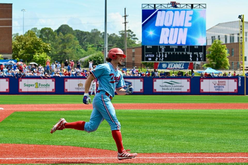 Louisiana Tech designated hitter Steele Netterville (30) trots home after hitting a home run against Alabama during NCAA regionals Sunday, June 6, 2021 at J.C. Love Field at Pat Patterson Park.
