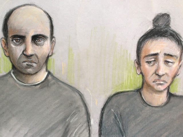 Court artist sketch  of Ouissem Medouni  and his partner Sabrina Kouider (Elizabeth Cook/PA)