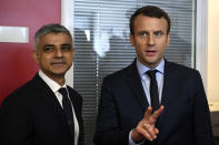 French presidential candidate Emmanuel Macron, right, meets the mayor of London Sadiq Khan Wednesday, March 29, 2017 at his campaign headquarters in Paris. (Eric Feferberg, pool via AP)