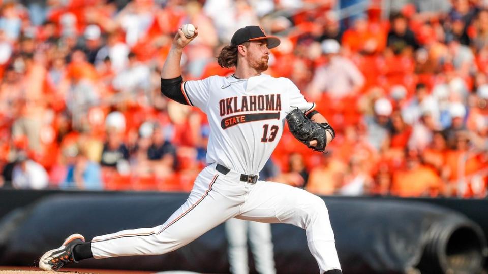 Oklahoma State RHP Nolan McLean (13) pitches in the first inning during a game in the NCAA Stillwater Regional between the Oklahoma State Cowboys (OSU) and the Oral Roberts Golden Eagles at O'Brate Stadium in Stillwater, Okla.